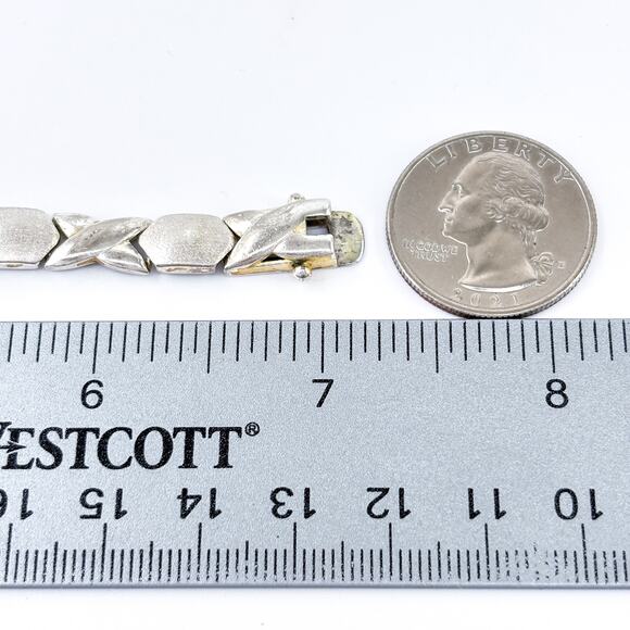 XO Link Bracelet | Brushed & Polished Design | Vintage Sterling Silver 925 | 7" - Picture 2 of 7